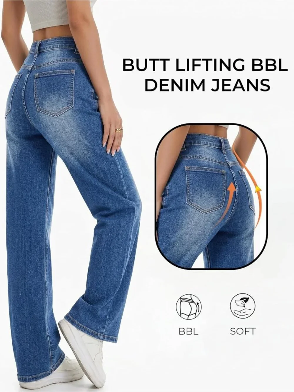 Women's Mid Blue Denim Y2k Straight Leg Button Zipper High Waisted Baggy Jeans